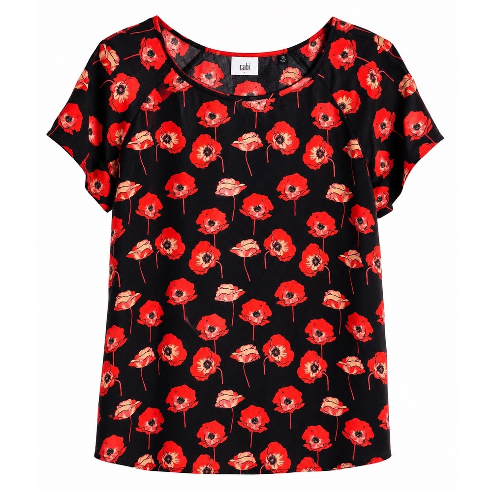 Cabi Flanders Poppy Blouse #3251 Medium Black Red Floral Split Tulip Back